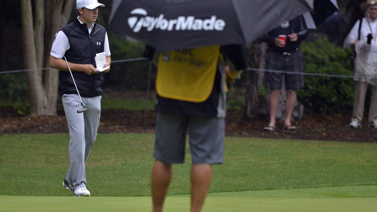 Jordan Spieth plans his putt on the green on the 1st hole during the final round of the RBC Heritage Presented by Boeing on Sunday at Harbour Town Golf Links in Sea Pines on Hilton Head Island S.C.