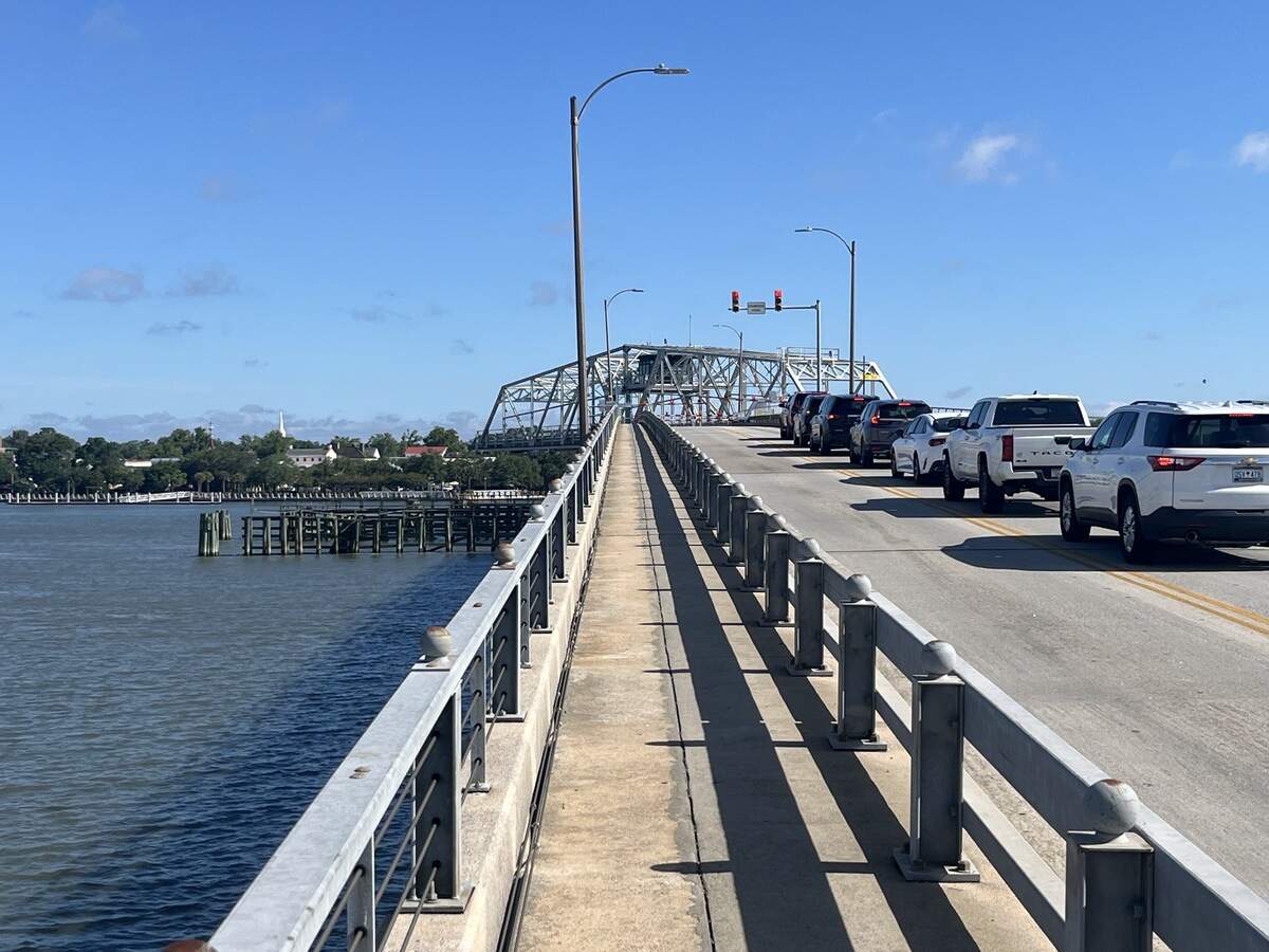 Traffic is stopped on the Woods Memorial Bridge in Beaufort as the bridge opens to allow boat traffic on the Beaufort River to pass through.