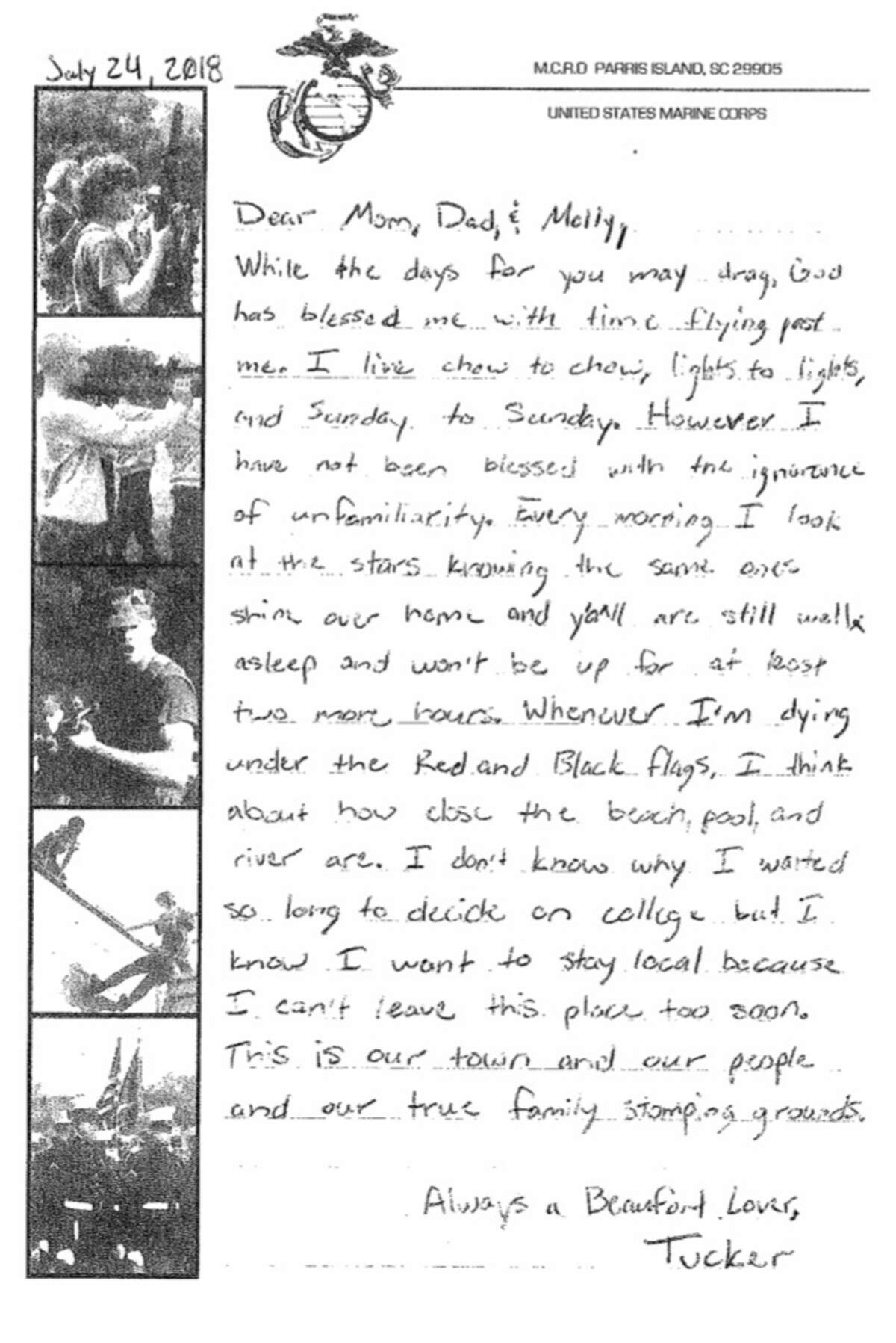 Pictured is a copy of letter James Tucker McConnell mailed to his family during the first few weeks of his training at Marine Corps Recruit Depot Parris Island, S.C.