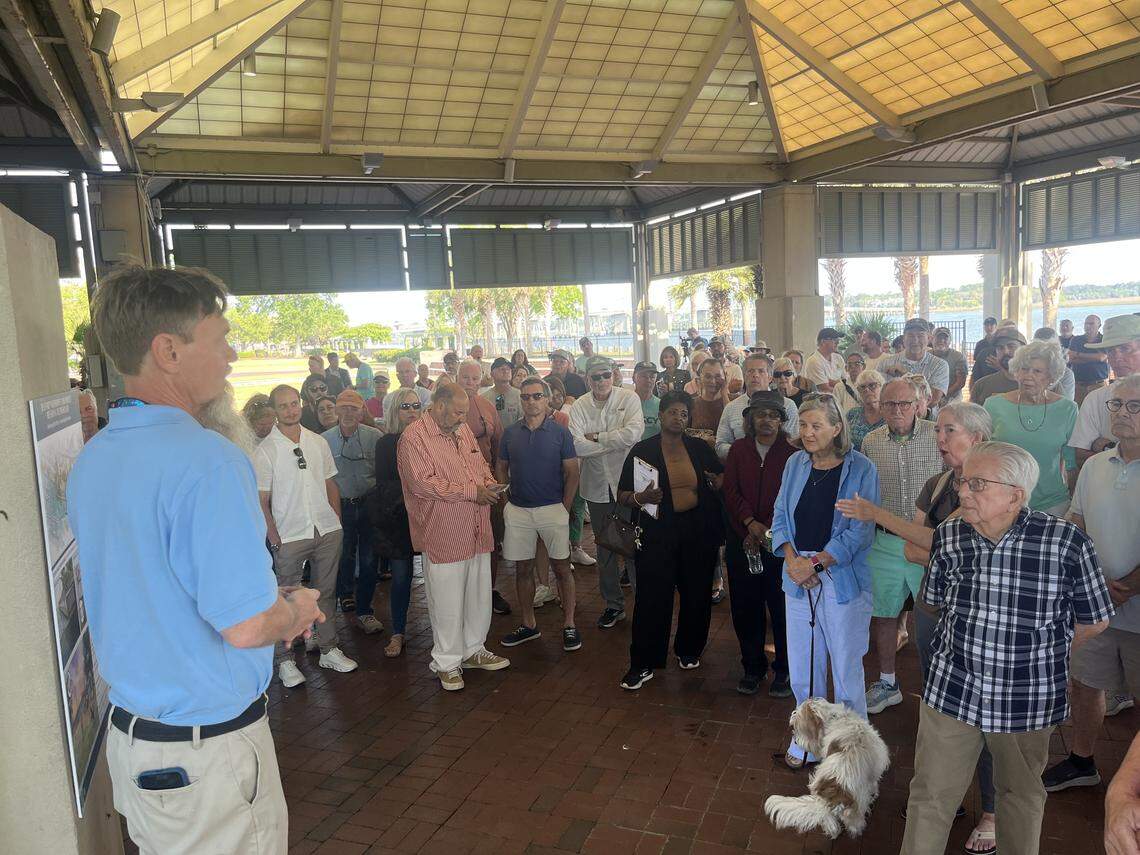 Bill Barna of McSweeney Engineers addresses a large crowd that turned out to Waterfront Park Wednesday to hear about options for fixing Beaufort’s failing promenade. “We have defects -- significant defects,” Barna said of the relieving platform underneath the promenade.
