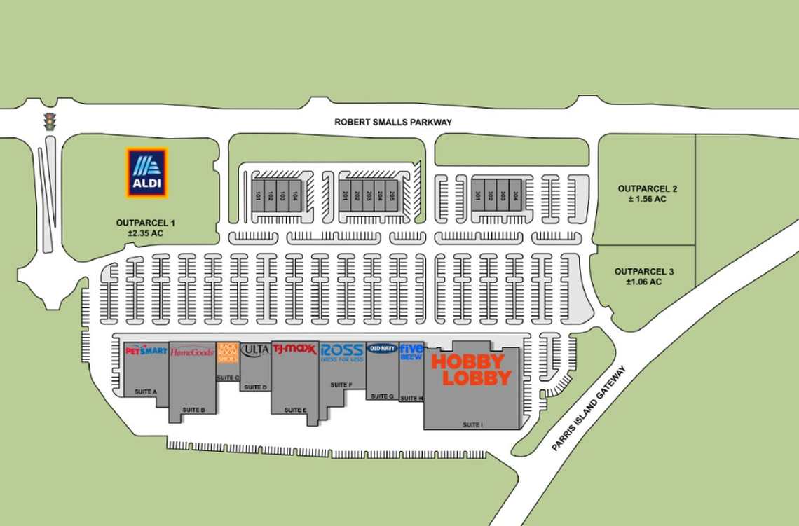 Beaufort Station will include featured tenants Aldi Grocery Stores, PetSmart, TJ Maxx, HomeGoods, Five Below, Rack Room Shoes, Hobby Lobby, Ross Dress for Less, Ulta Beauty and Old Navy. Smaller tenants, not shown on the map, will include Mattress Firm, America’s Best Contacts and Eye Glasses, Le Nails and Parker’s Kitchen. The developer The Morgan Companies also is in talks with four restaurants. 