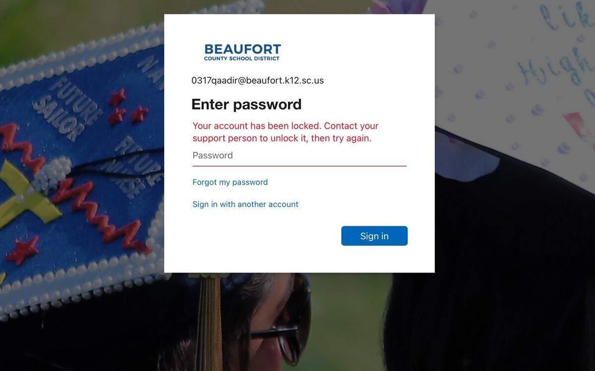 This computer screenshot, provided by Qaadir Phillips, shows that on Jan. 27, 2021 the account to his Beaufort County School District had been locked. Phillips, who has been working from his Bluffton home since April, said he was asked to either resign or work at his school office.