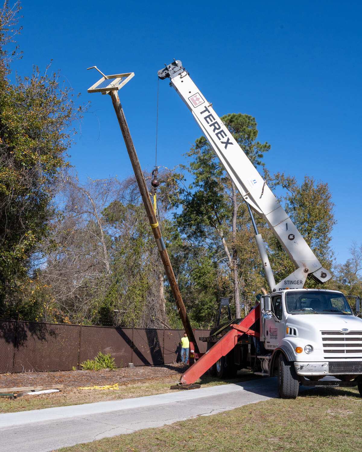 On Dec. 23, 2020, a telephone pole with a platform on top is raised in Palmetto Hall on Hilton Head Island. The community’s bird committee worked to install the pole in the hopes that migratory ospreys would use it as a nesting site, as they have in previous years with a tree at the same location.