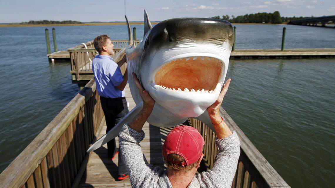 Jan Spoerri, of Jan Spoerri & CO., left, and Roby Braun, of Alpha Verus Ltd, right, carry a fiberglass tiger shark to the end of the dock to dry in the sun after being painted by Braun for the Port Royal Sound Foundation Maritime Center on Oct. 30, 2014.
