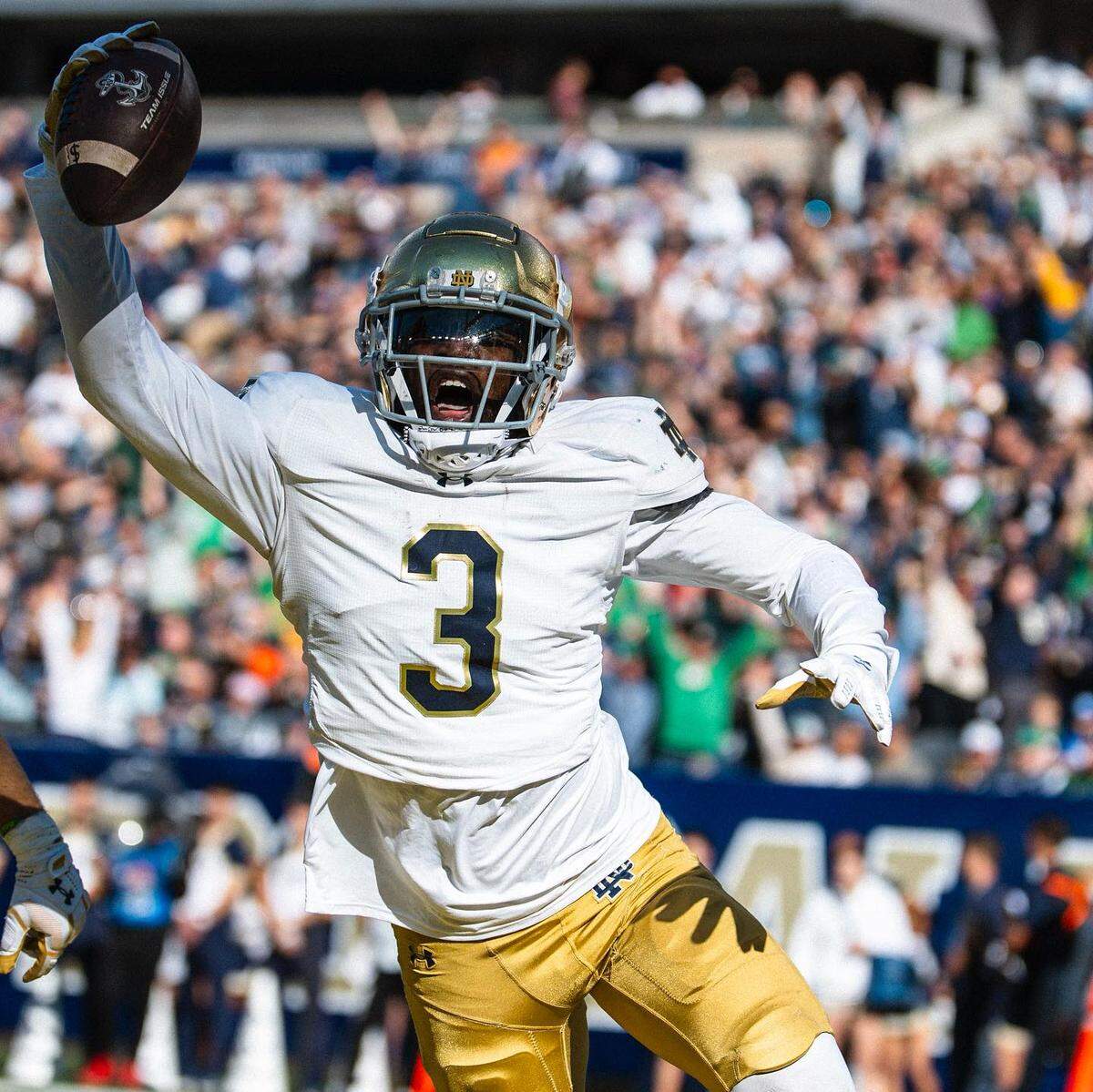Redshirt junior linebacker Jaylen Sneed reacts after scoring his first college touchdown by recovering a fumble in the end zone in Notre Dame’s 51-14 win over Navy Oct. 26, 2024 in East Rutherford, N.J. Sneed had a career-high nine tackles in that game.