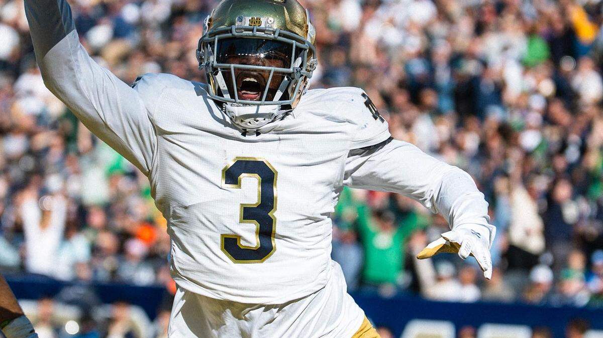 Redshirt junior linebacker Jaylen Sneed reacts after scoring his first college touchdown by recovering a fumble in the end zone in Notre Dame’s 51-14 win over Navy Oct. 26, 2024 in East Rutherford, N.J. Sneed had a career-high nine tackles in that game.