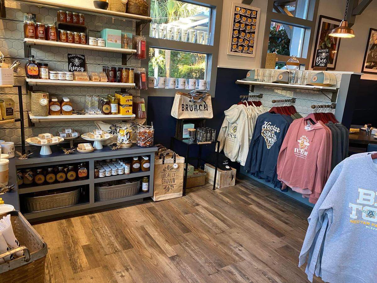 A retail area at Nectar Farm Kitchen in Old Town Bluffton features Lowcountry products and gifts.