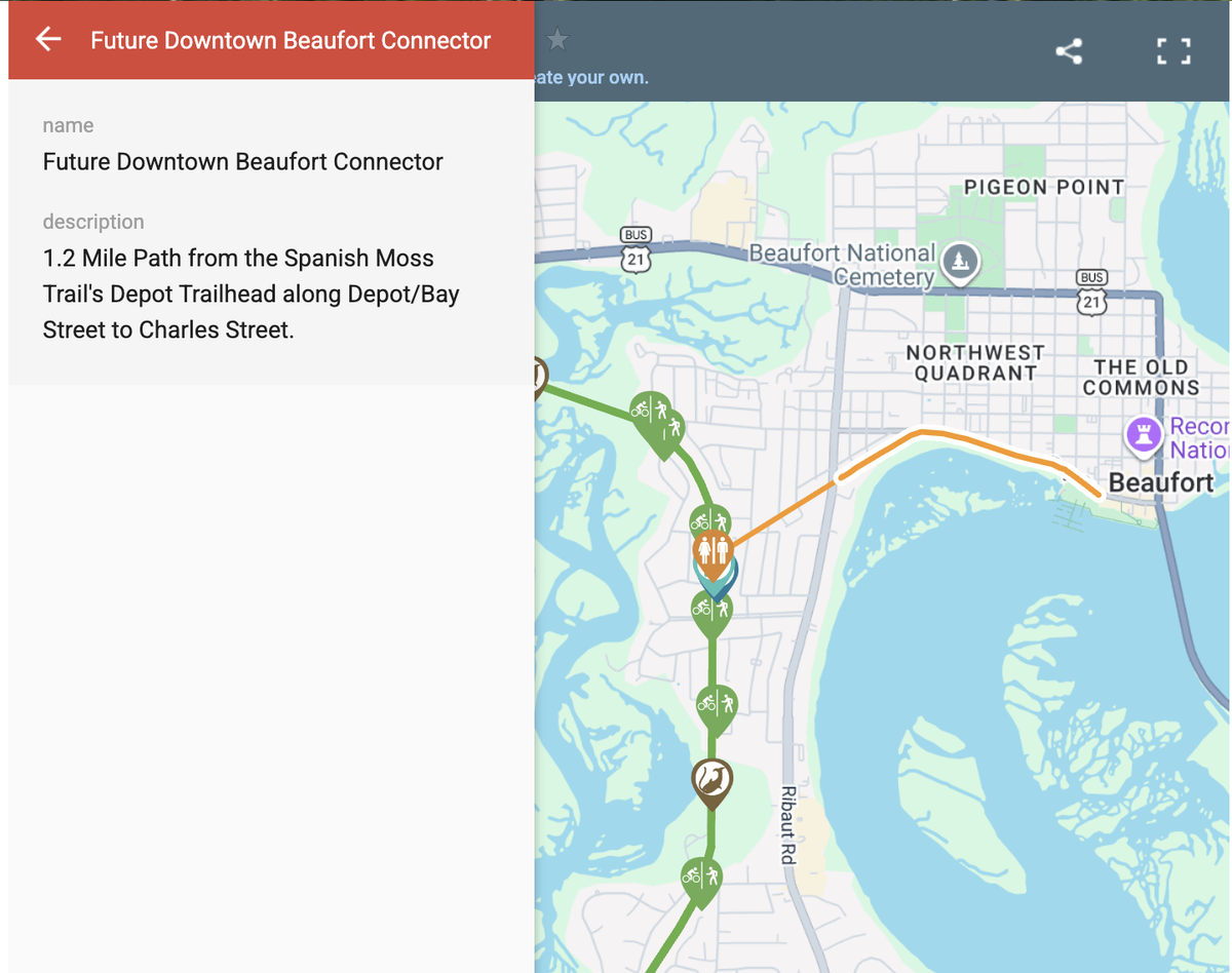 The Spanish Moss Trail is opening the Downtown Beaufort Connector (orange path) on Feb. 12, a new section that officially links the popular trail directly to Bay Street.