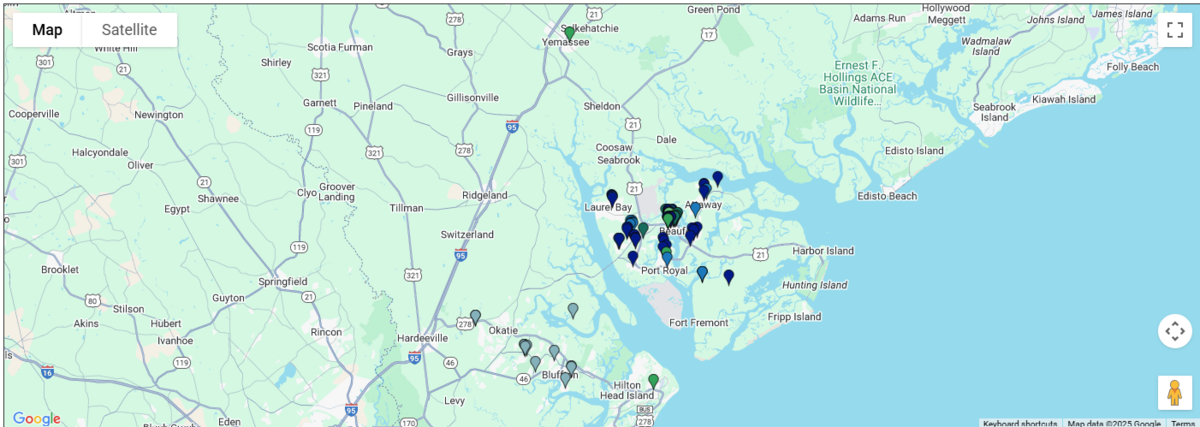 The locations of housing properties managed by the Beaufort Housing Authority.
