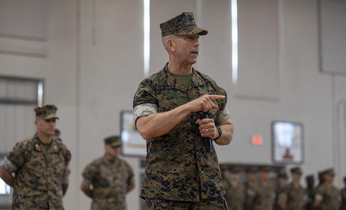 Brig. Gen. Lance J. Langfeldt speaks during a ceremony Tuesday when he took over as the commander of U.S. Marine Corps Recruit Depot Parris Island in Port Royal.
