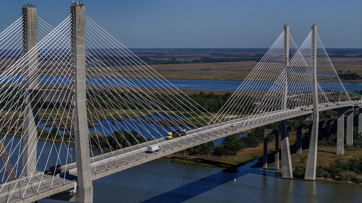 A drone photo of the Eugene Talmadge Memorial Bridge over the Savannah River taken on Oct. 21, 2025.