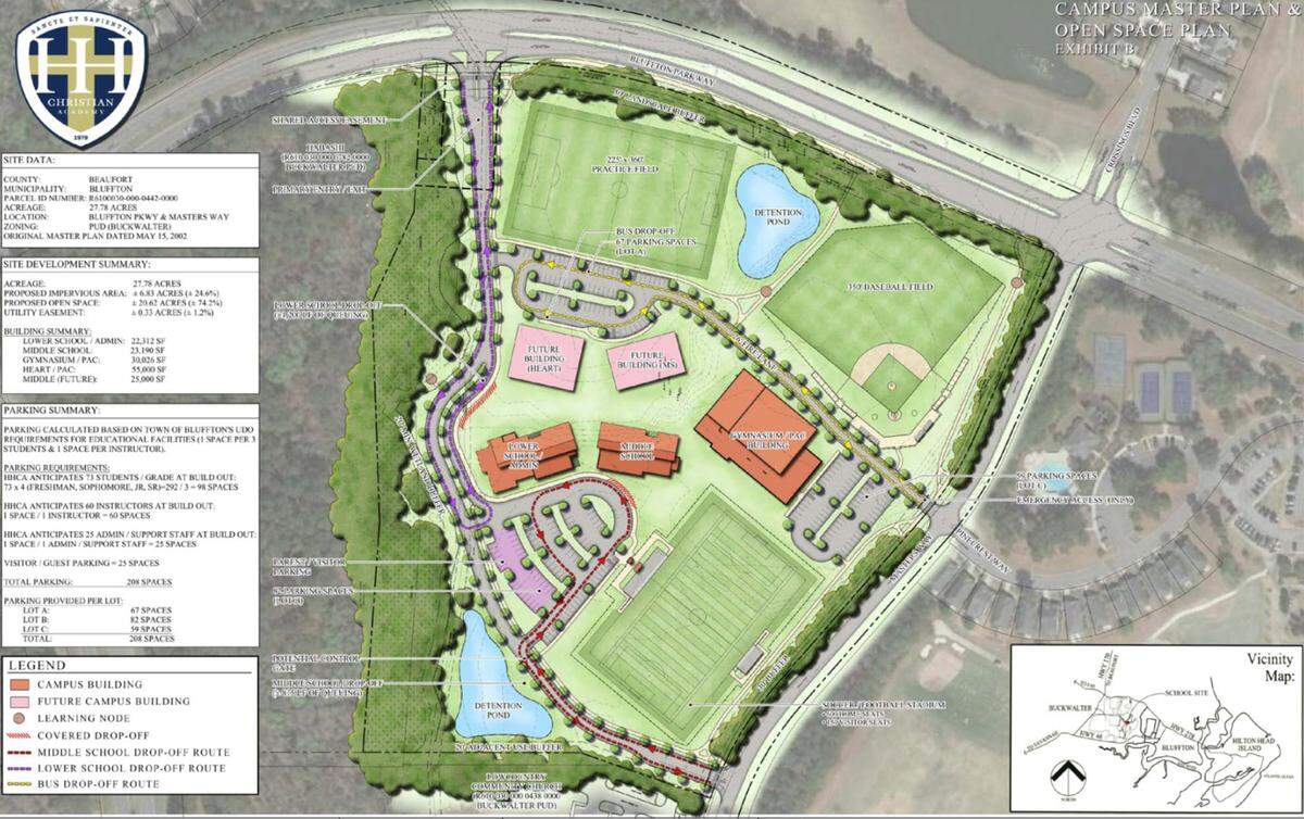The conceptual plan for Hilton Head Christian Academy’s approved Bluffton campus. The football field, located toward the bottom of the image, has Pinecrest Community neighbors upset about possible noise, light and traffic safety concerns.