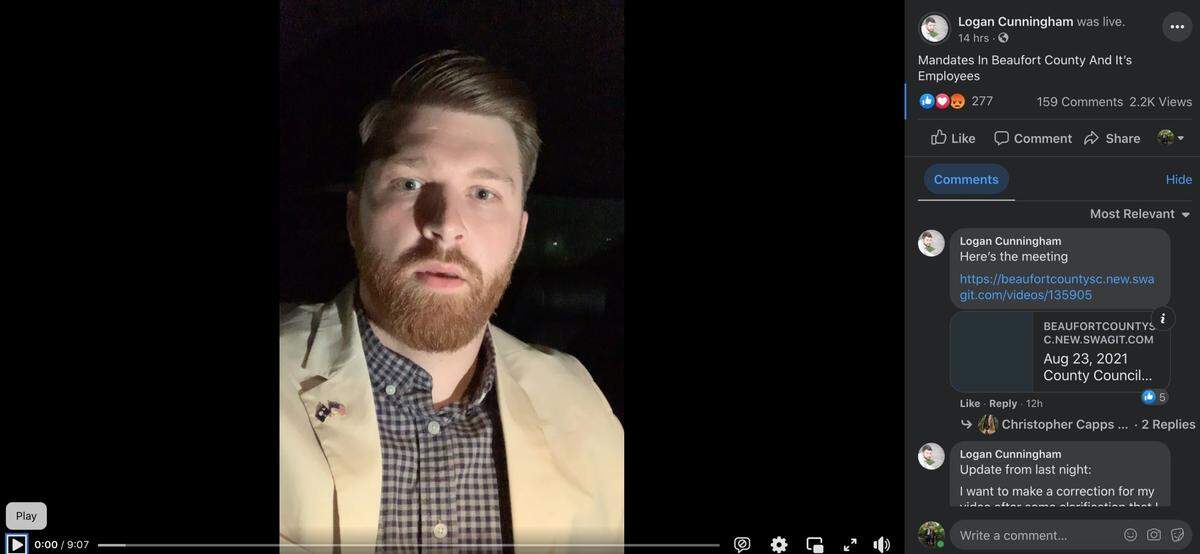 A screenshot from Beaufort County Council member Logan Cunningham’s Facebook Live video from Aug. 23, 2021.