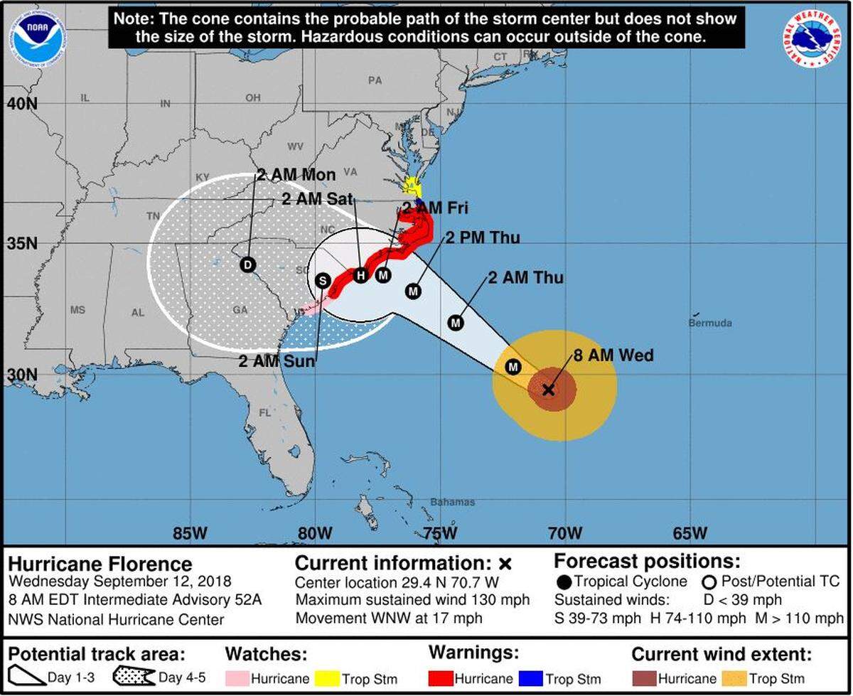 Hurricane Florence predicted track as of 8 a.m. Wednesday, Sept. 12, 2018.