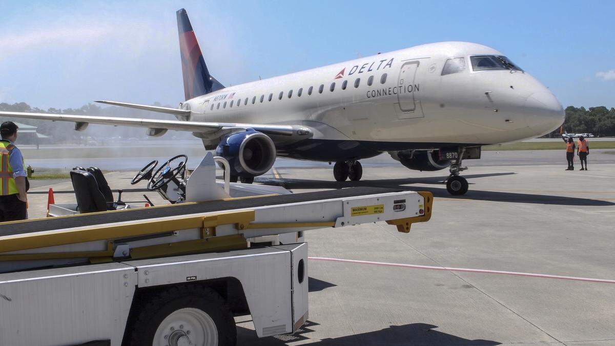 Water sprayed from Beaufort County’s Aircraft Firefighting truck welcomes the inaugural Delta Airlines 69-seat Embraer ERJ-170 to Hilton Head Island Airport on Wednesday morning, the first of three daily direct flights between the island and Atlanta Hartsfield-Jackson International Airport. Delta will offer direct flights to New York on Saturdays only starting on June 8.