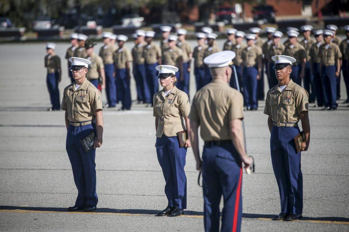 Marines with India Company, 3rd Recruit Training Battalion, receive honor graduate awards during graduation from recruit training at Marine Corps Recruit Depot Parris Island in March 2019. Graduation ceremonies have been canceled until further notice in an effort not to spread the coronavirus.