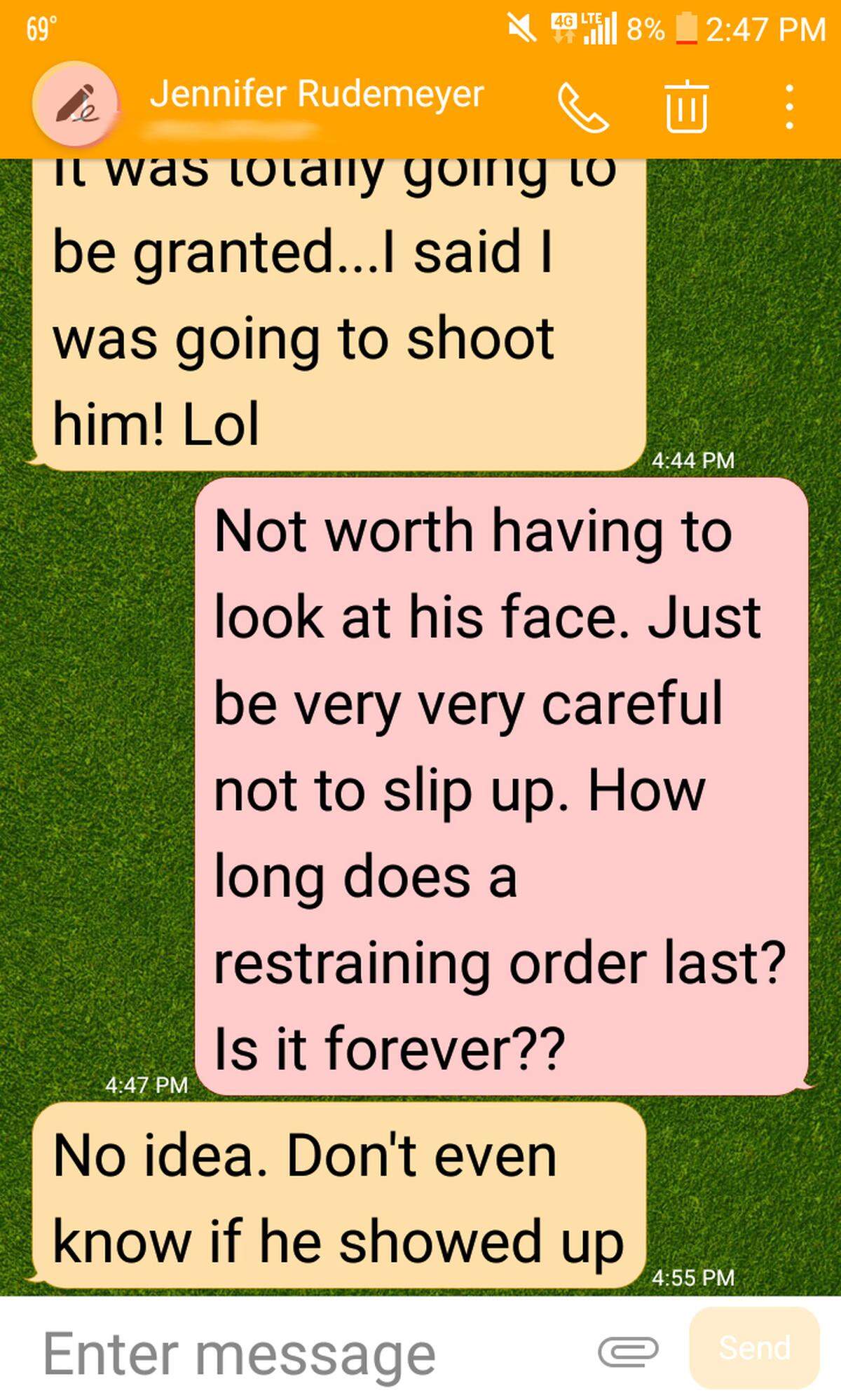 A screen shot taken by Lauren Church of her last conversation with Jennifer Rudemyer. Time stamps are in CST.