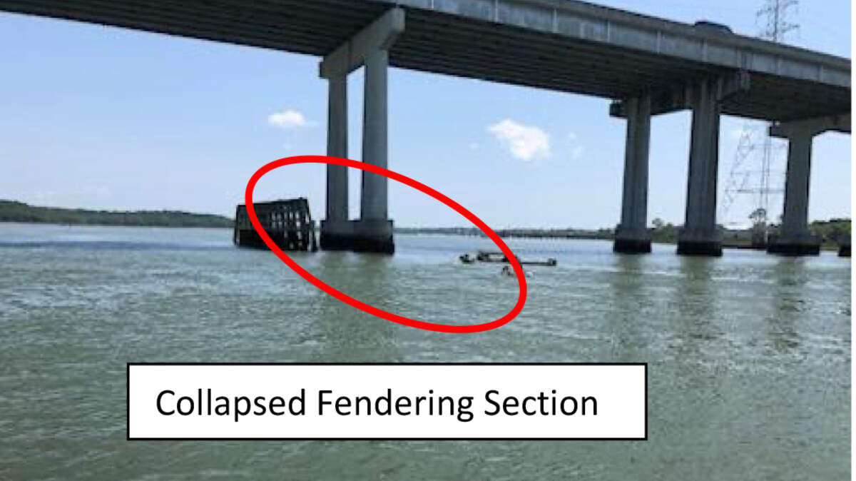 Damage to a fender of the J. Wilson Graves Bridge that crosses Skull Creek was reported by the United States Coast Guard in a marine safety information bulletin on May 8, 2024.