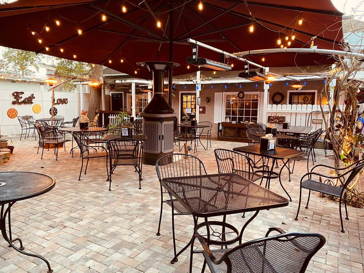 Six heaters ensure everyone stays warm in the outside dining area at A Lowcountry Backyard on Hilton Head.