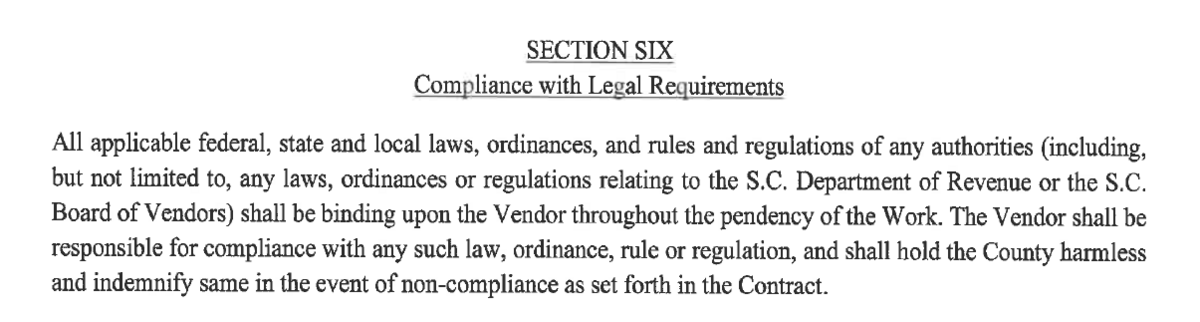 A screenshot of Section Six of the contract between Beaufort County and Lowcountry Ferry.