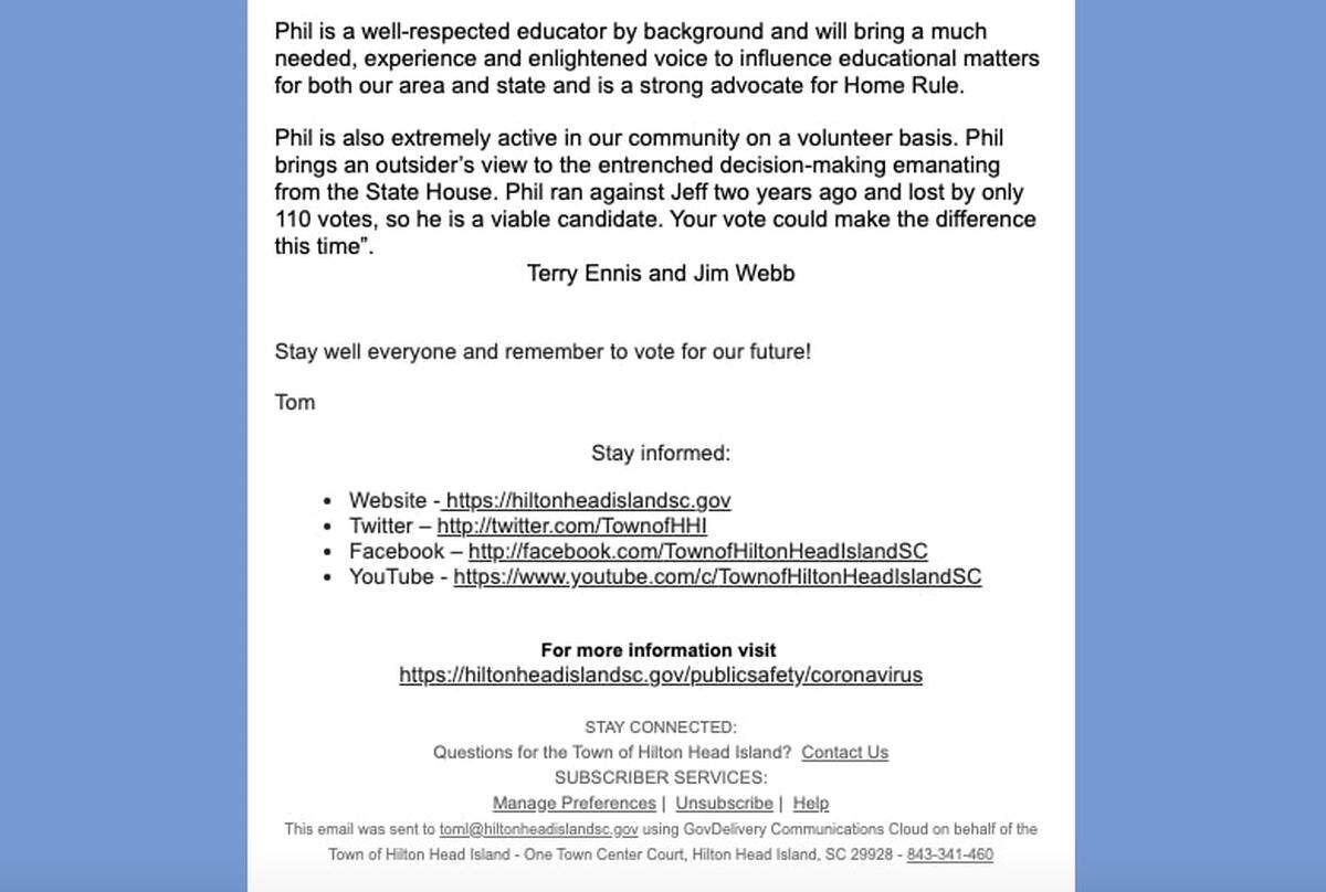 If you got this endorsement email, would you assume it came from the Town of Hilton Head? Some say Tom Lennox’s email was too close to official town information for comfort.