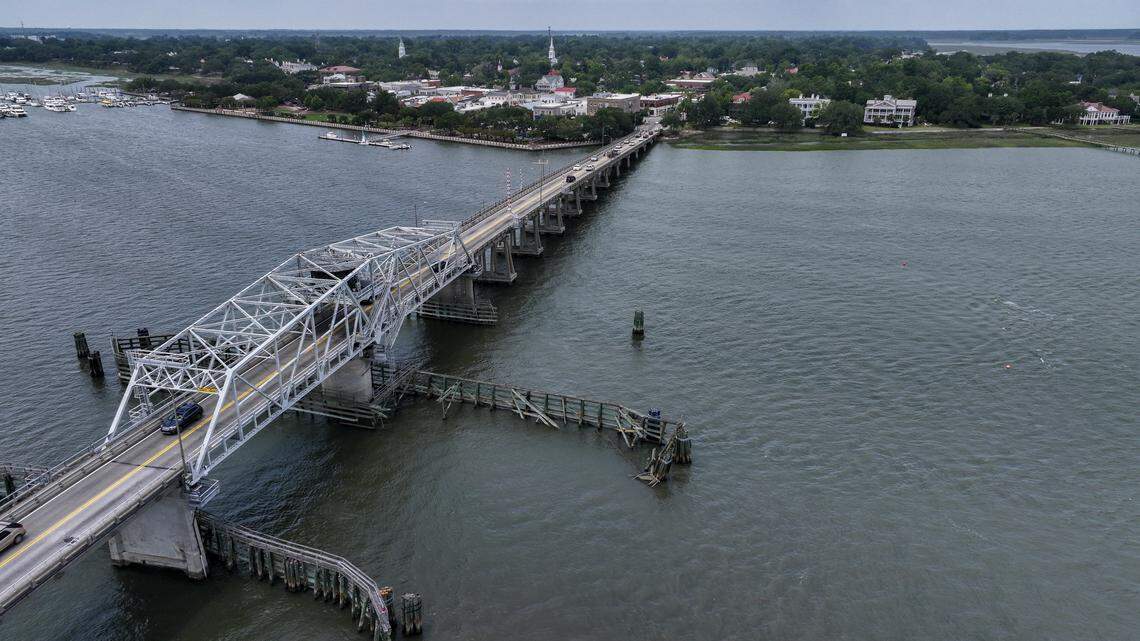 Traffic moves along the Richard V. Woods Memorial Bridge on June 3, 2025, over the Beaufort River with The Point, at right, in Historic Downtown Beaufort.