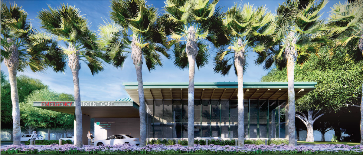 Rendered image of the front of Beaufort Memorial’s new hybrid urgent care center on Hilton Head Island.