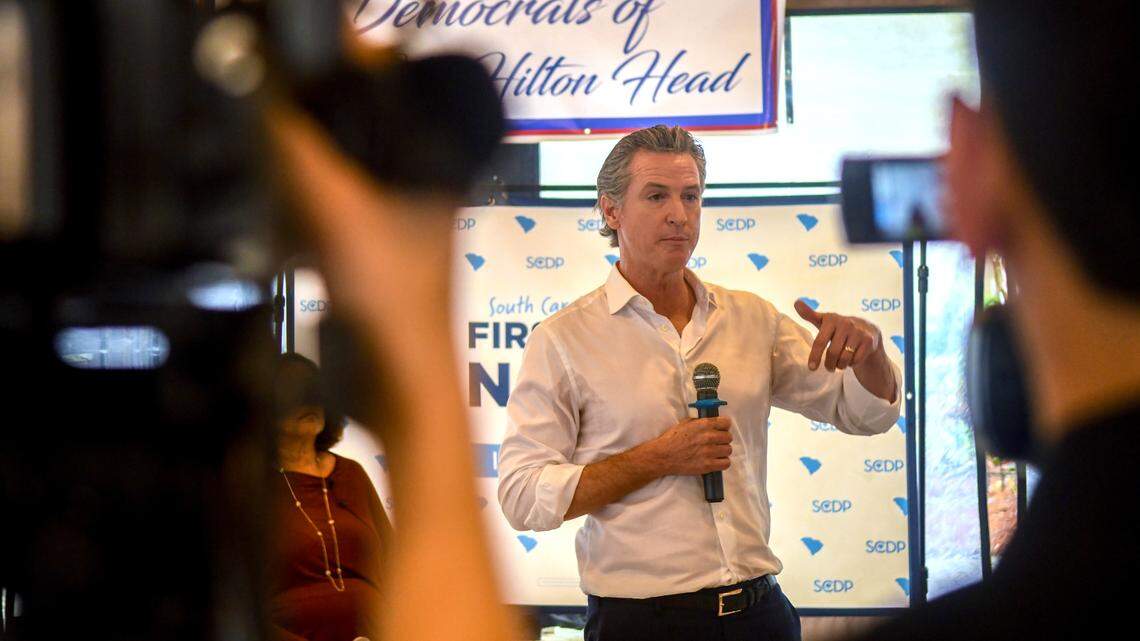 In Bluffton to stump for Biden, California’s governor woos independents. What he said