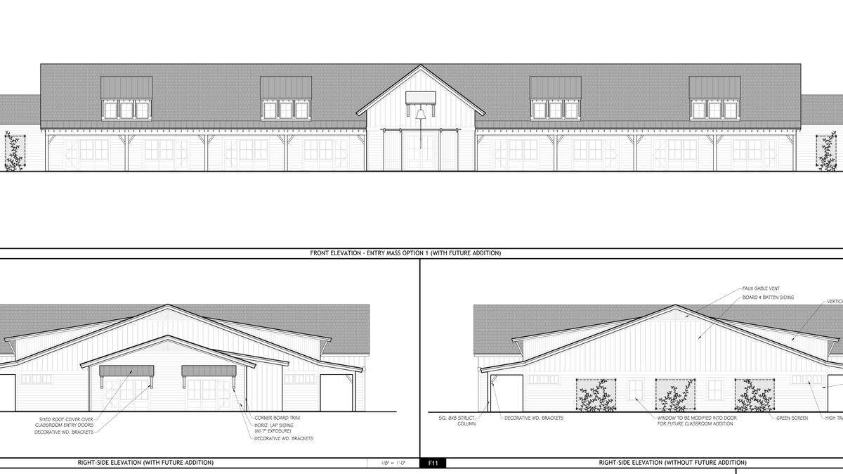 Pictured are the front elevation, top, and a side elevation with a future addition, bottom left, and a side elevation without expansion of the proposed Lowcountry Montessori at a permanent facility in Port Royal, set to open in January 2015.