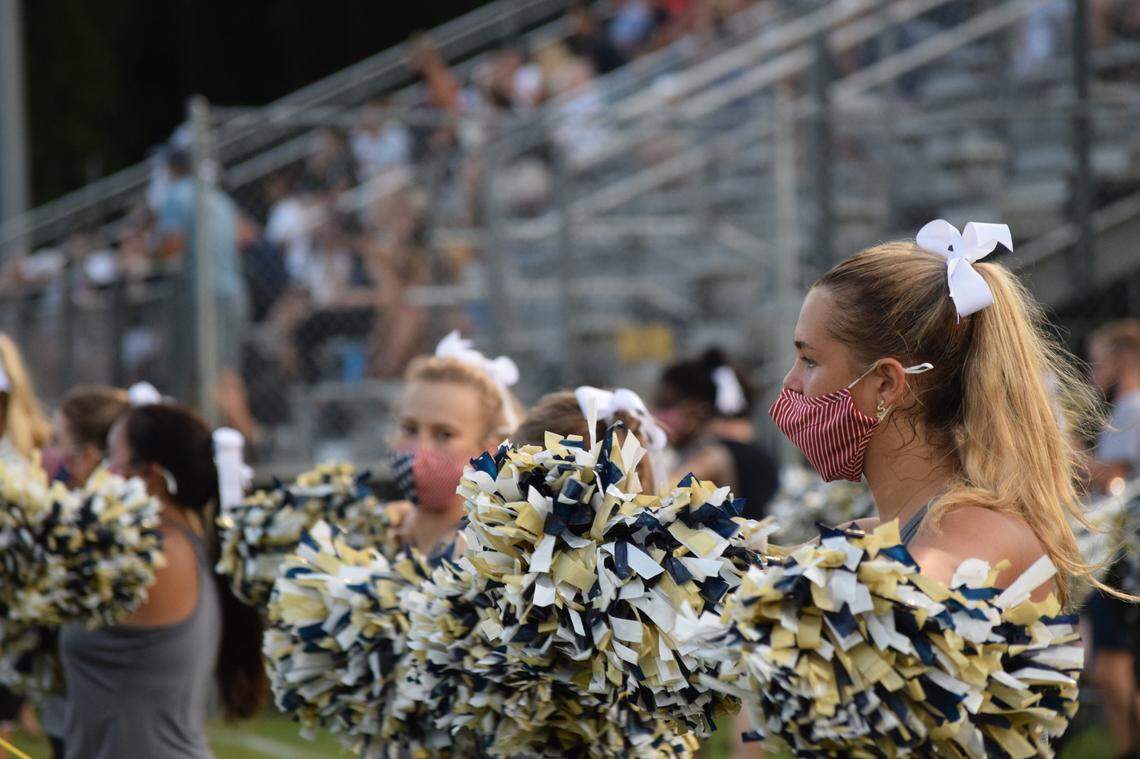 Cheerleaders for Hilton Head Christian Academy wore American flag face masks during the first half of the Eagles’ matchup against Dorchester Academy on Friday, Aug. 28, 2020, on Hilton Head Island.