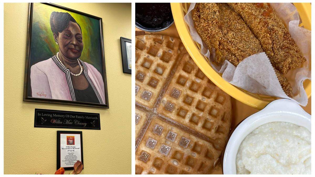 A portrait of Willia Mae Chaney along with catfish at Gritz Cafe in Las Vegas