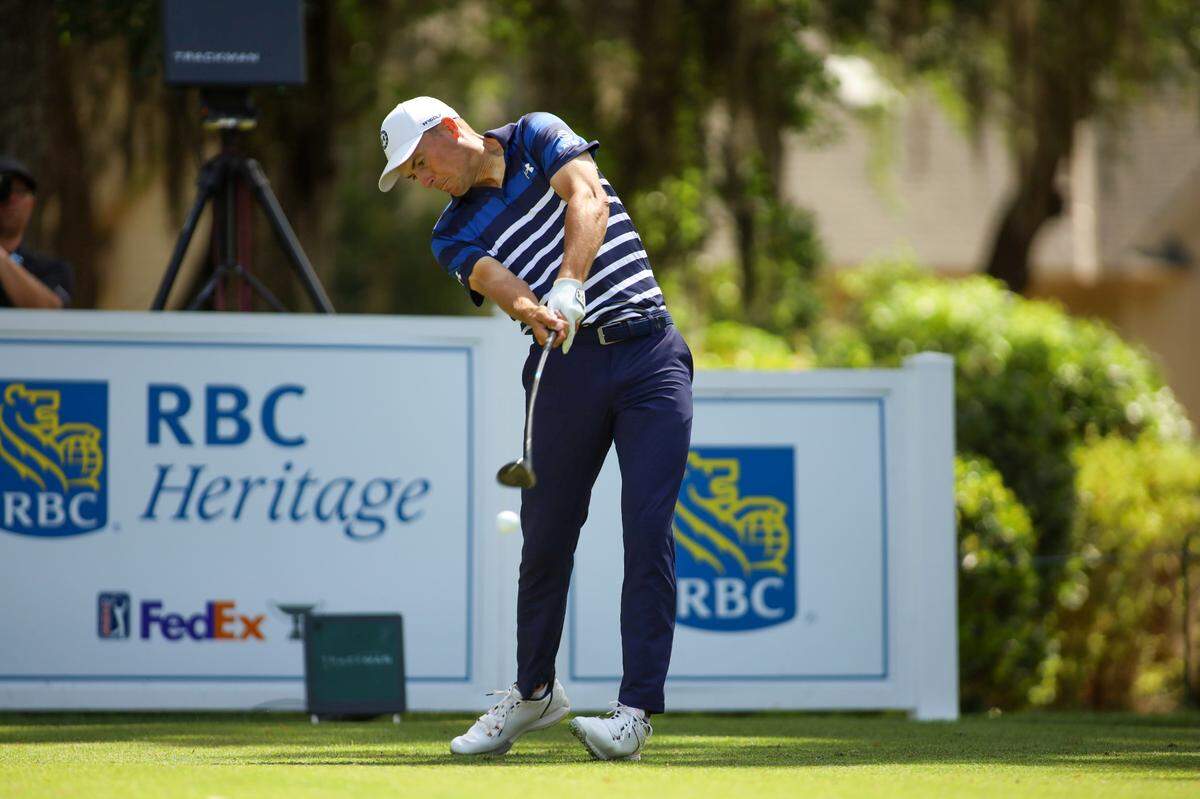 Jordan Spieth launches the ball from the tee of the eighth hole during the final round of the RBC Heritage Presented by Boeing at Harbour Town Golf Links on Sunday, April 16, 2023 in Sea Pines on Hilton Head Island.