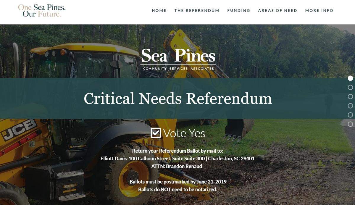 A webpage titled voteforseapines.com, a site created to support the $7.8 million referendum on the ballot for Sea Pines voters.
