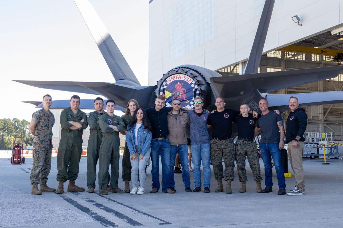 U.S. Marines with Marine Fighter Attack Squadron 533 pose for a photo with an F-35B lightning II jet at Marine Corps Air Station Beaufort, South Carolina Oct. 11. VMFA-533 received its first F-35B Lightning II jet, marking their transition from the F/A-18 Hornet to the F-35B.