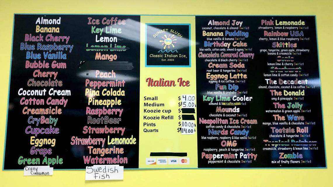 The menu at Bluffton’s Sunset Slush location.