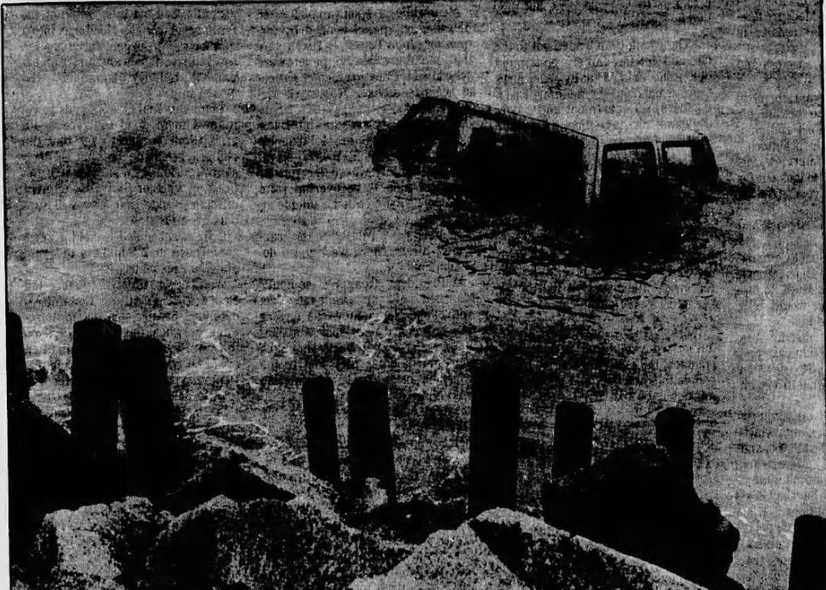 A rental van operated by a CNN film crew hoping to get some footage of Sugar Ray Leonard jogging on the beach was stuck in the sand and swallowed by the ocean before it could be pulled out on February 18, 1987.