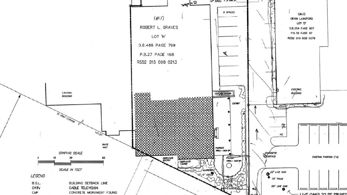 Portion of a siteplan shows a Dunnagans Alley warehouse building being considered for restaurant and other redevelopment.
