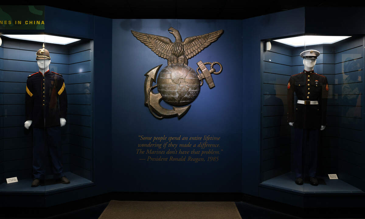 A historic Marine Corps uniforms next to a present-day uniform sits on display in the Parris Island Marine Museum, located on historic Marine Corps Recruit Depot Parris Island, S.C., April 21, 2023. The museum showcases artifacts, displays and numerous exhibits covering the history of the Depot, the Marine Corps and Lowcountry area.