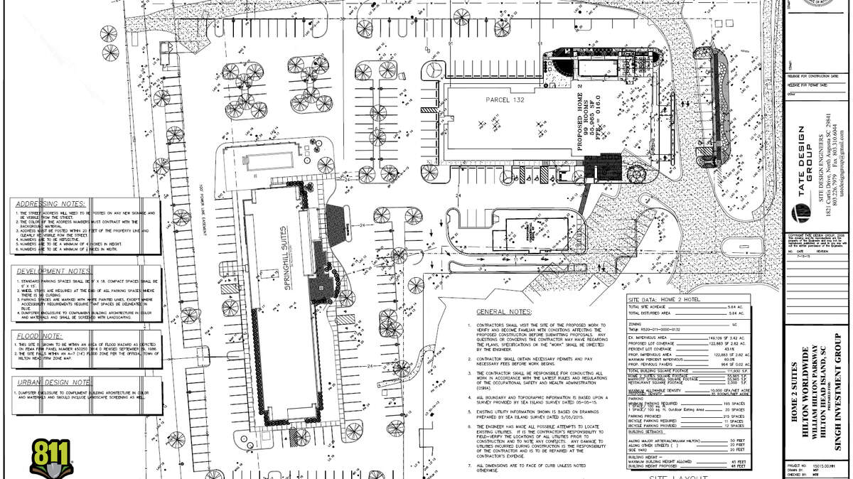 A site plan for two hotels planned at the site of a former Motel 6 on Marina Side Drive on Hilton Head Island. A Hilton Home2 Suites and a Mariott Springhill Suites are planned for the location.