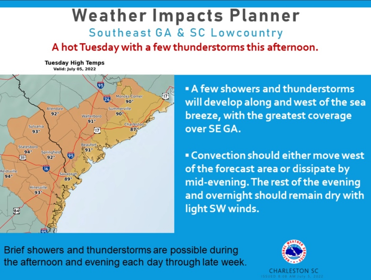 Brief thunderstorms and showers are possible each afternoon later in the week for Beaufort County, according to the National Weather Service on July 5, 2022.