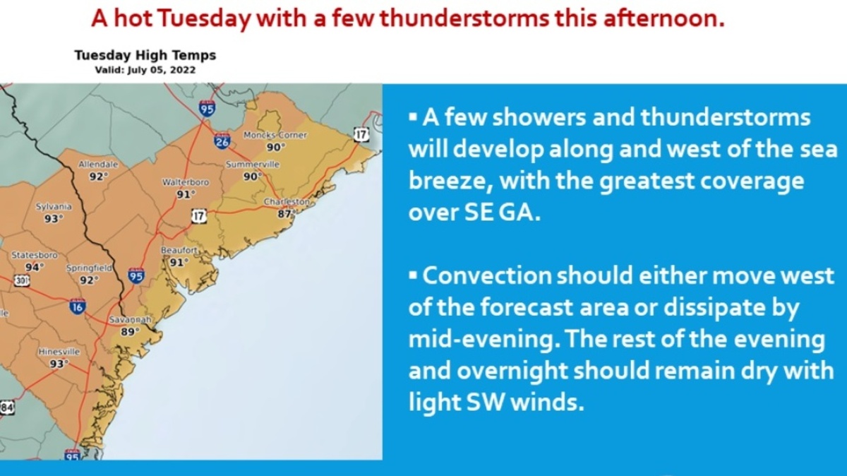 Brief thunderstorms and showers are possible each afternoon later in the week for Beaufort County, according to the National Weather Service on July 5, 2022.