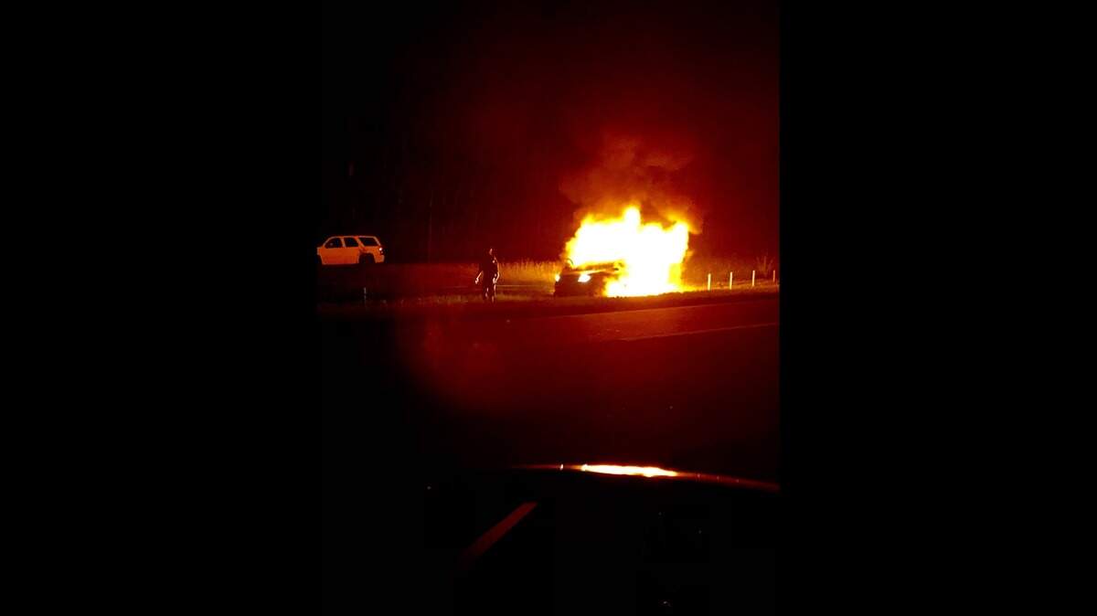 A car burst into flames on Tuesday night, August 17, 2021 on I-95 in Jasper County. The driver died after running off the road and crashing into the median, according to authorities.