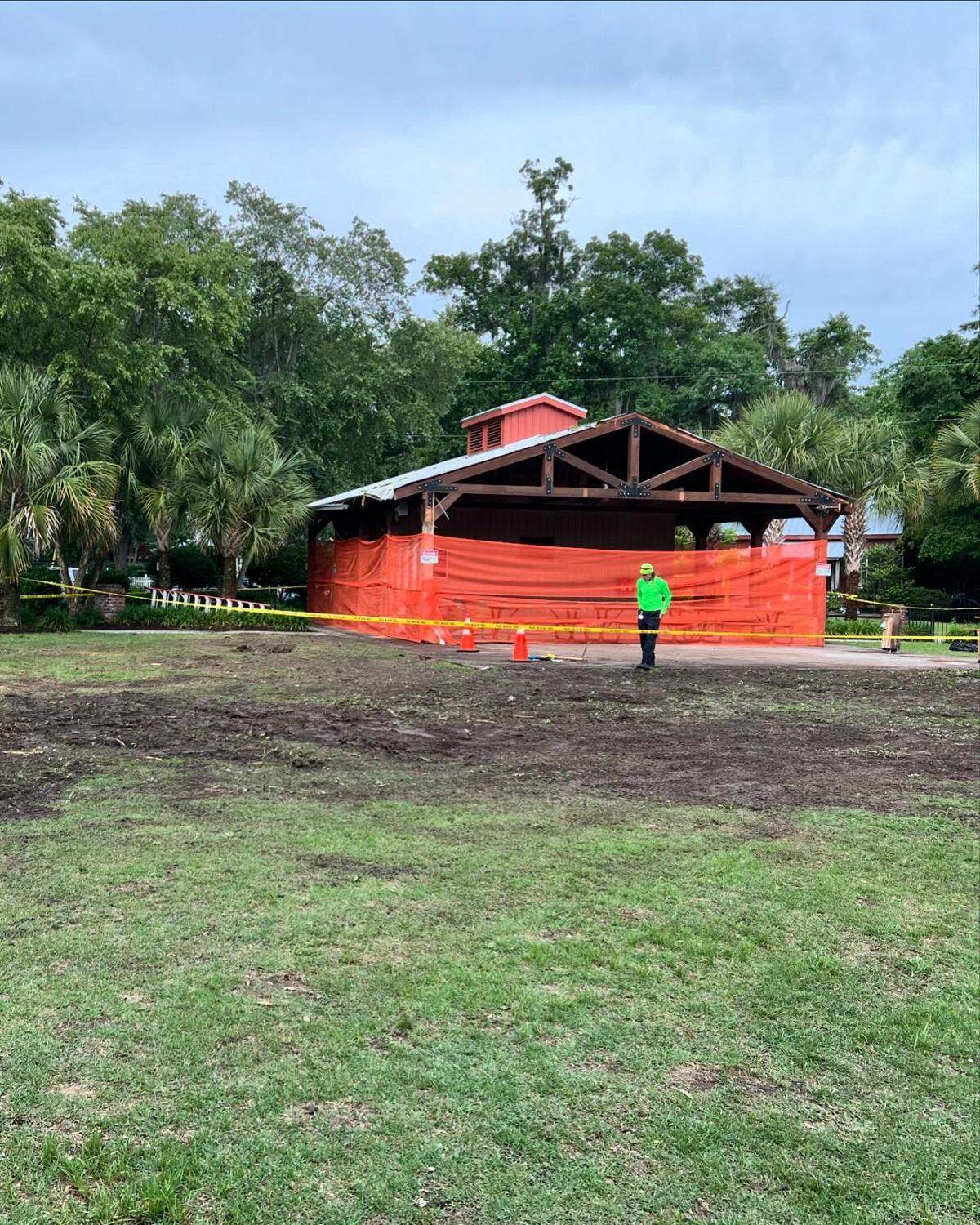 A pavilion at DuBois Park in the heart of Old Town Bluffton was cordoned off after a storm partially destroyed it, resulting in a temporary park closure. The playground was reopened on Monday, May 20, 2024.