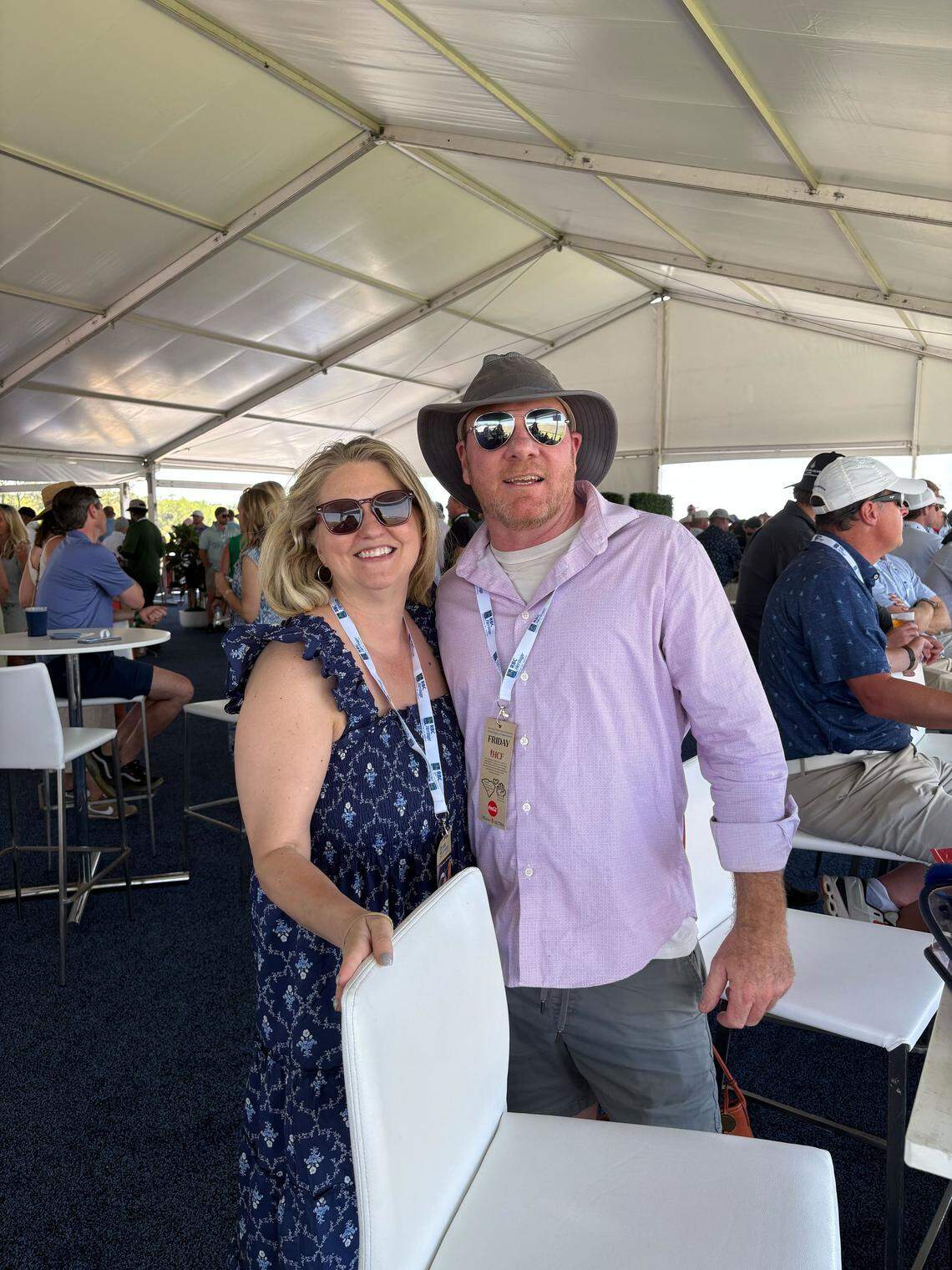 Tiffany Lilze and Jason Hammock watch the RBC Heritage from the Calibogue Club at Harbour Town Golf Links on Friday, April 17, 2026.