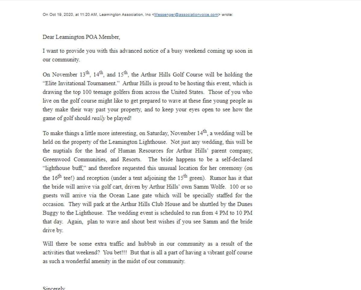 A letter sent to Leamington residents about an upcoming golf tournament and wedding in the community during the coronavirus pandemic.