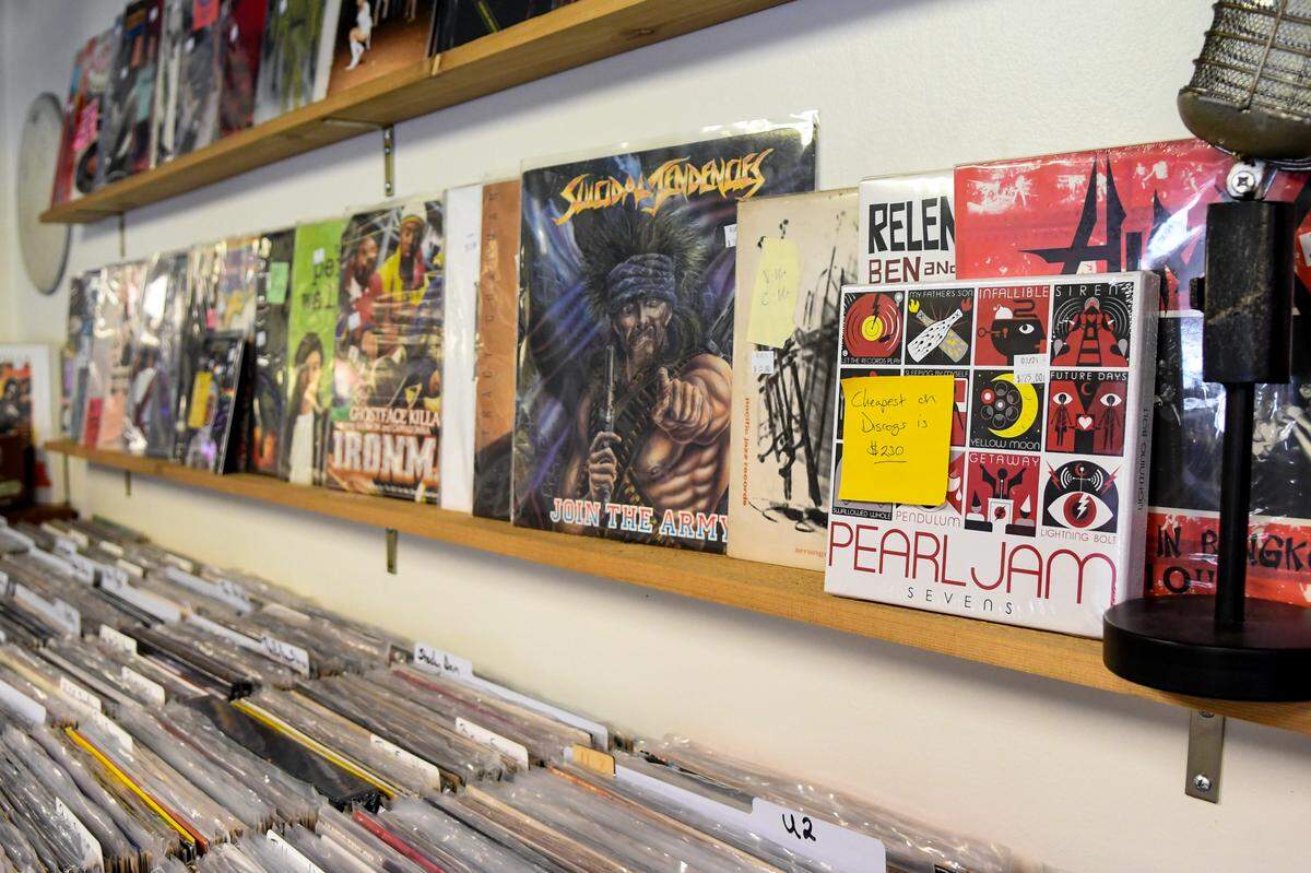 There are a selection of many genres of music shelved on the walls and located in bins as photographed on April 7, 2025, at MoJo’s Island Records located on Palmetto Bay Road on Hilton Head Island.