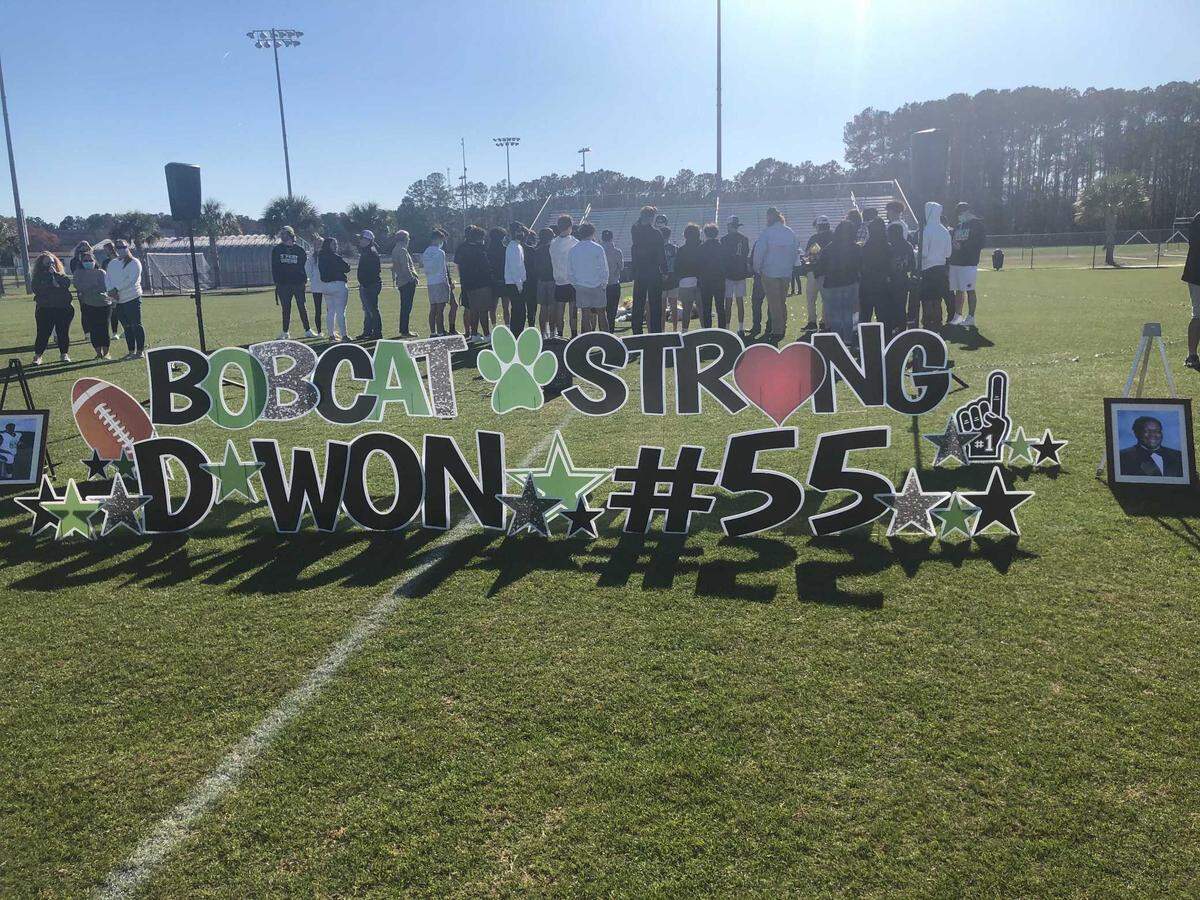 A memorial at Bluffton High School Sunday afternoon, March 7, 2021 to honor senior DJ Fields, a defensive lineman for the Bobcats who was killed Friday night in a shooting.