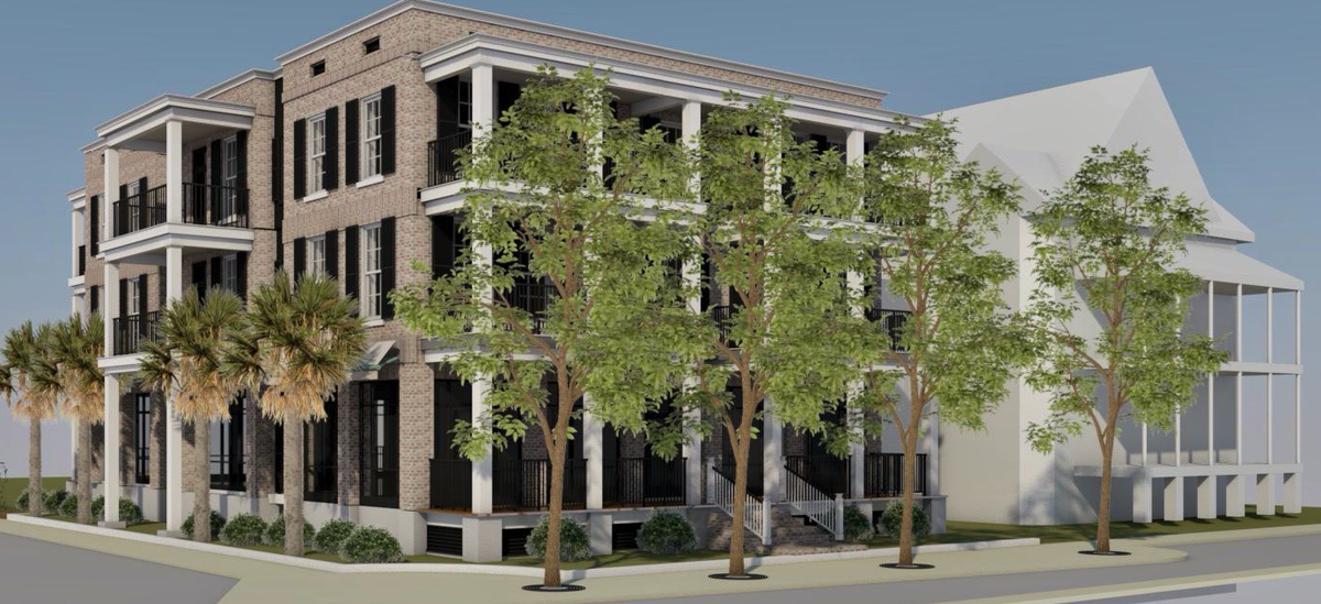 An architectural rendering shows a conceptual design of a hotel building (left) planned alongside the Beaufort Inn on Port Republic Street in downtown Beaufort.