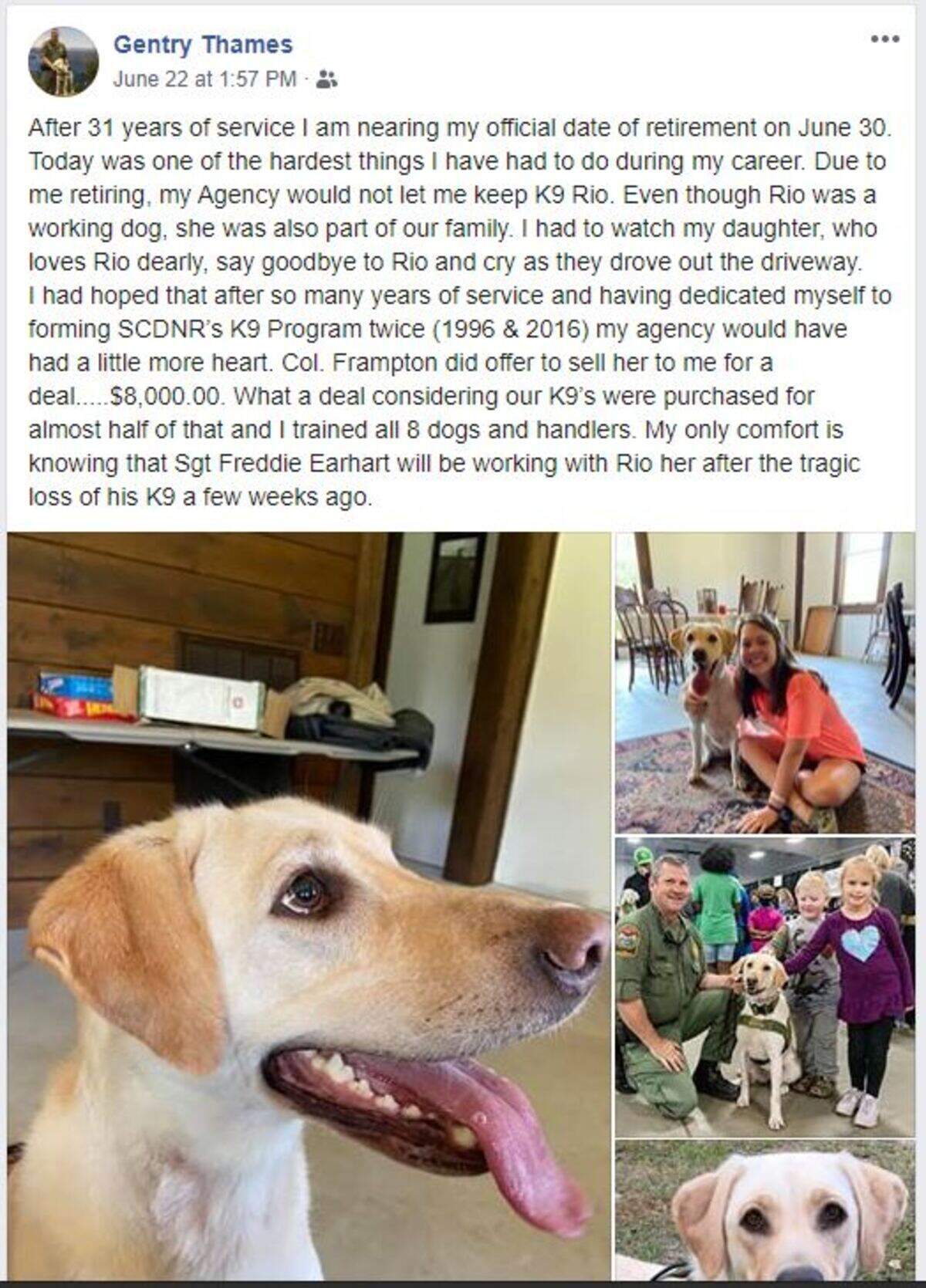 This screenshot shows a June 22, 2020, post by retiring S.C. DNR Captain Gentry Thames from the day his canine partner, Rio, left his family for assignment elsewhere at the agency.