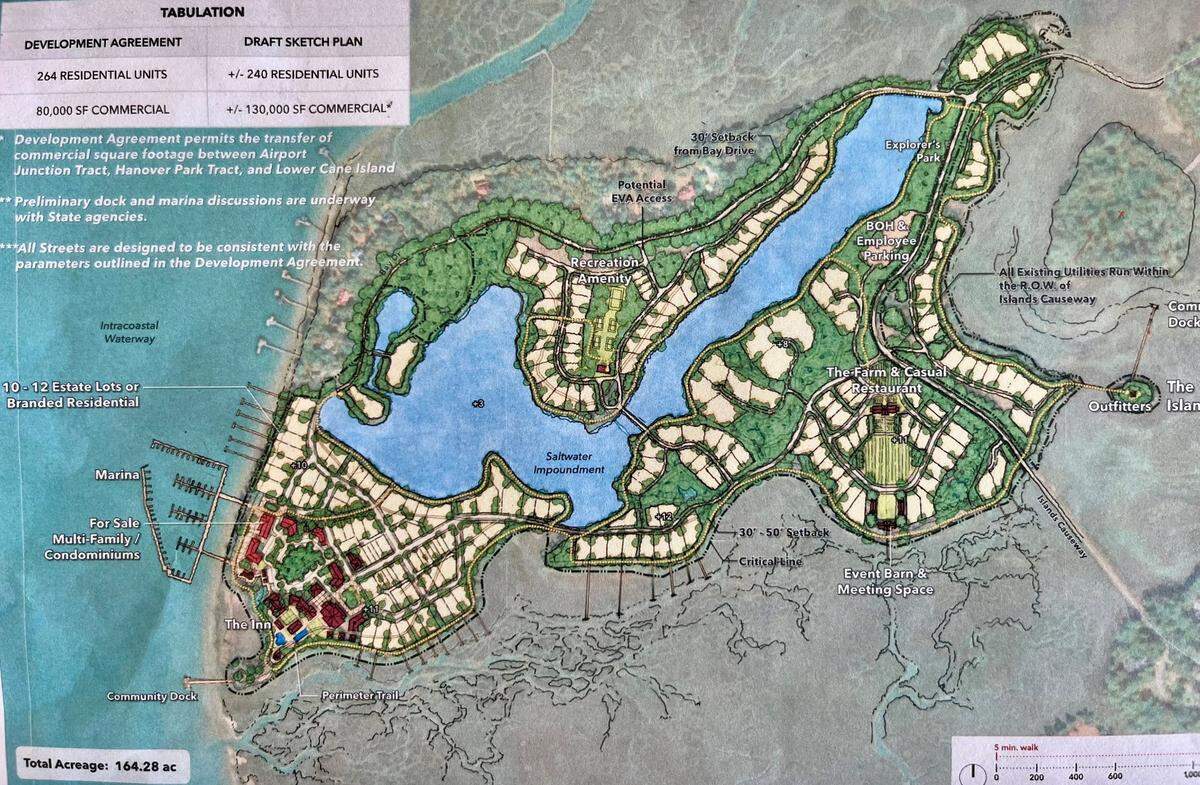 This is a preliminary sketch for Lower Cane Island showing 240 residential units and 130,000 square feet of commercial.